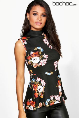 Boohoo Printed Sleeveless Peplum Top